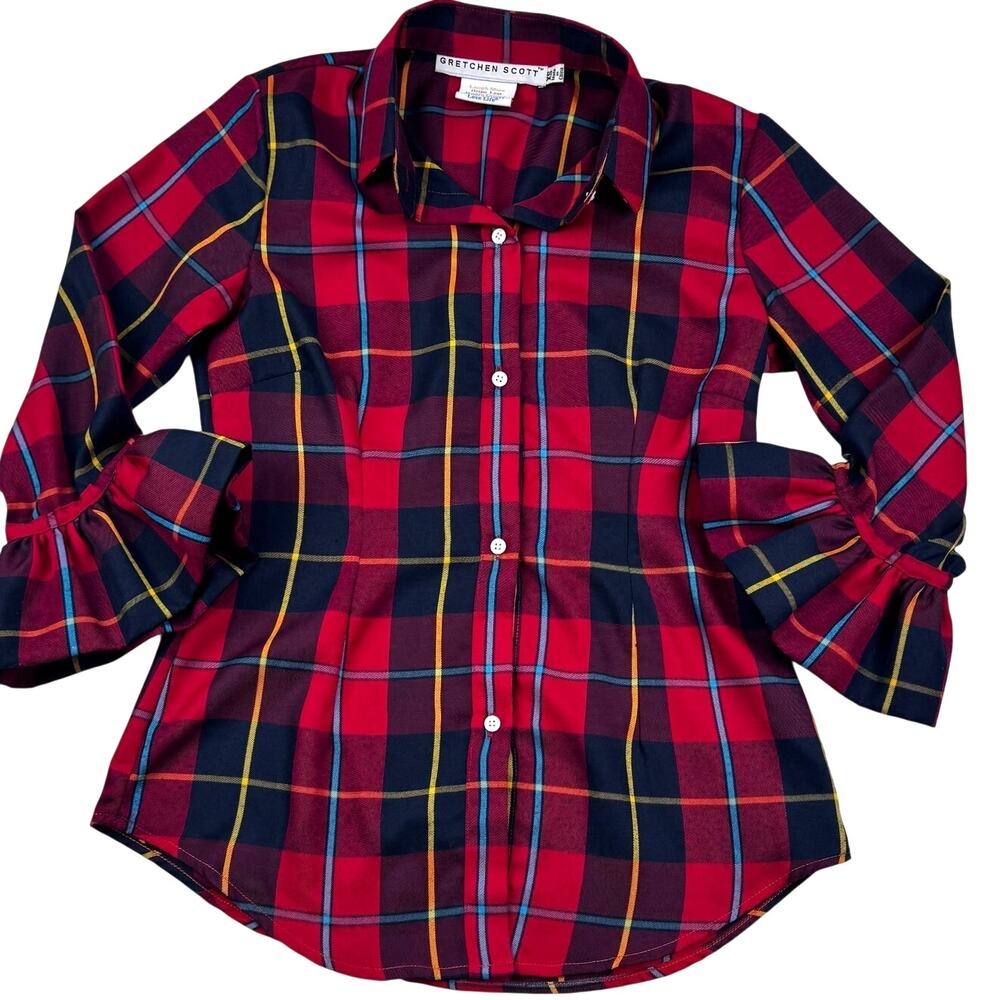Gretchen Scott Tartan Plaid Preppy Classic Timeless 3/4 Sleeve Top Women's XS